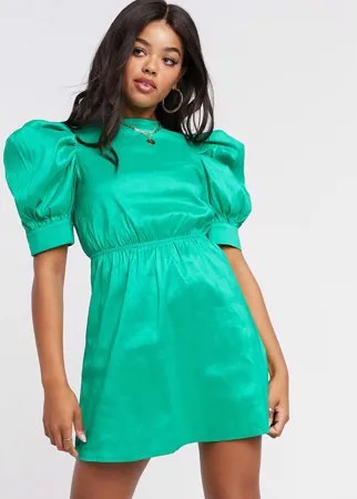 Зеленое платье мини из сатина с объемными рукавами Girl In Mind-Зеленый