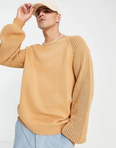 Вязаный oversized-джемпер светло-коричневого цвета с контрастными рукавами ASOS DESIGN-Коричневый цвет