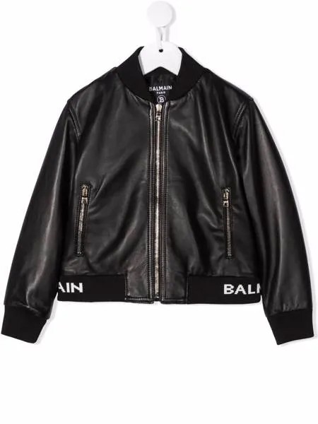 Balmain Kids кожаный бомбер с логотипом