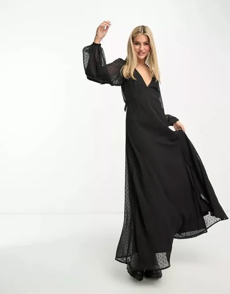 Черное шифоновое платье макси в горошек с длинными рукавами Miss Selfridge