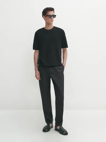Трикотажная футболка из смеси хлопка и льна Massimo Dutti, черный
