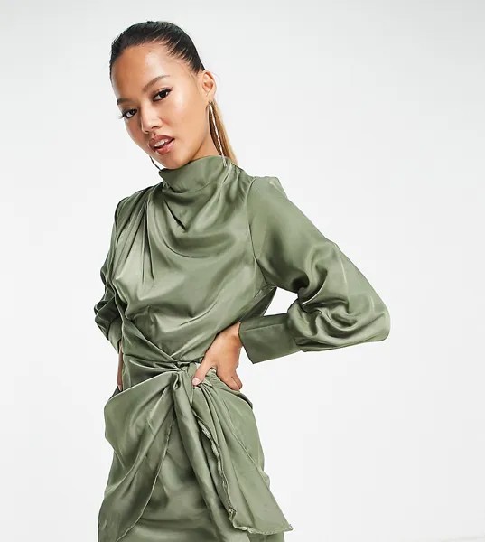 Платье мини цвета хаки со складками, свободным воротом и завязкой на юбке ASOS DESIGN Petite-Зеленый цвет