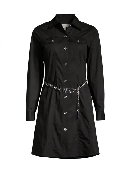 Поплиновое мини-платье в стиле милитари с поясом MICHAEL Michael Kors, черный