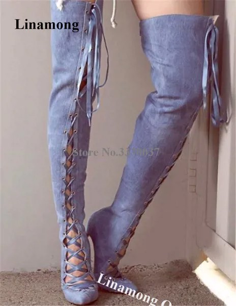 Модные голубые джинсовые ботфорты с острым носком, на шпильке, с вырезами, на шнуровке