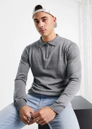 Светло-серое вязаное поло из хлопка с длинными рукавами и короткой молнией Threadbare-Серый