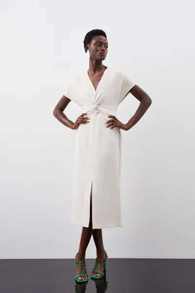 Платье миди премиум-класса из крепа с закрученной талией и короткими рукавами Karen Millen, белый