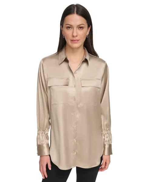 Женская атласная рубашка-туника с карманами и клапанами DKNY