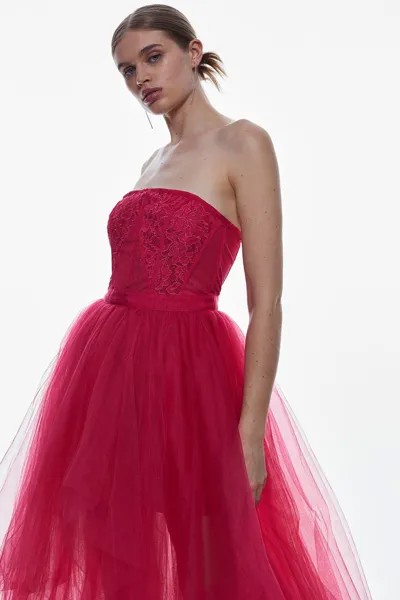 Тканое платье миди из кружева и тюля с высоким и низким поясом Karen Millen, розовый