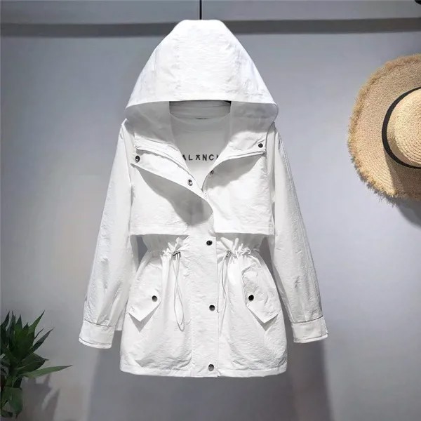 Короткая ветровка, новинка 2021, Корейская свободная талия с капюшоном, белая повседневная женская маленькая куртка на весну и осень