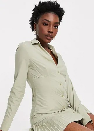 Хлопковое платье-рубашка мини цвета хаки на пуговицах с плиссированным краем ASOS DESIGN-Зеленый цвет