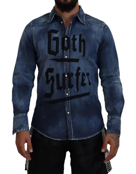 Мужская рубашка DSQUARED2, синяя, готическая, с принтом серферов, джинсовая IT48/US38/M, рекомендованная цена 700 долларов США