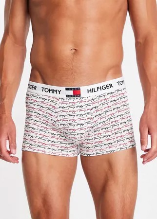Белые боксеры-брифы со сплошным принтом логотипа и логотипом-флагом на поясе Tommy Hilfiger-Белый
