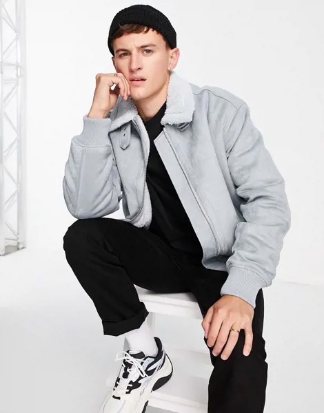 Бомбер голубого цвета из искусственной овчины Topman-Голубой