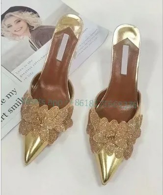 Роскошные золотые Цветочные пикантные тапочки с острым носком женские кожаные стразы на шпильке сандалии на высоком каблуке Новая вечерняя женская обувь с кристаллами