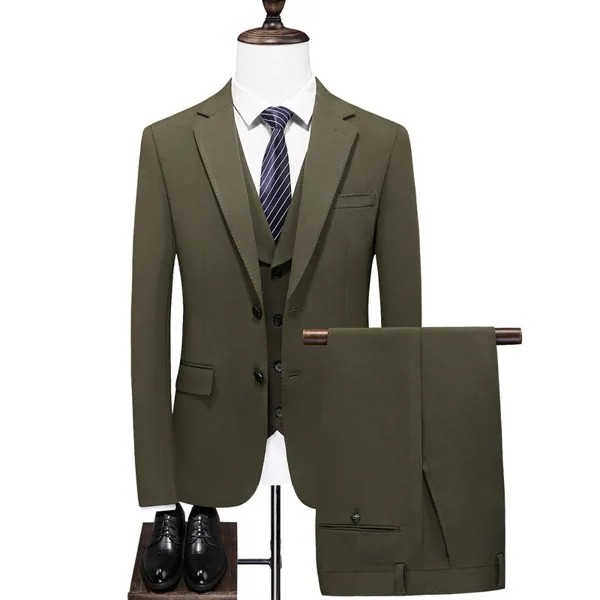 Свадебные Мужские костюмы (пиджак + брюки + жилет), мужские костюмы для жениха 2021, облегающие, деловые, однотонные, оливковый, зеленый