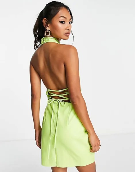 Зеленое лаймовое платье мини из искусственной кожи с драпировкой и запахом ASOS DESIGN