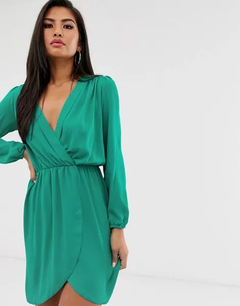 Платье с запахом и длинными рукавами Love-Зеленый