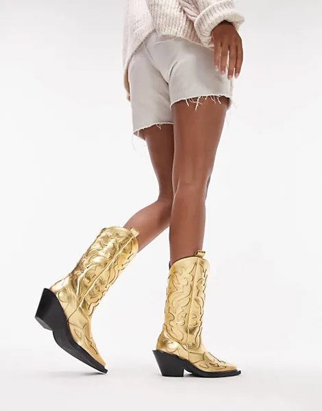 Золотые кожаные ботинки премиум-класса в стиле вестерн с ручной прошивкой Topshop Belle