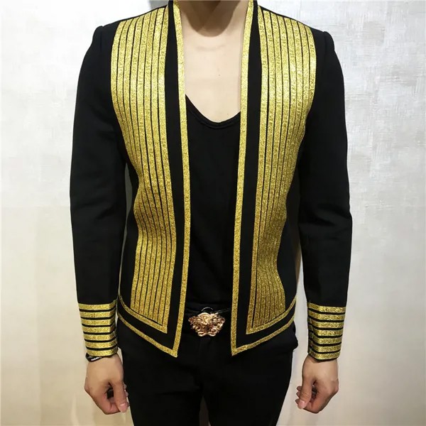 Мужской приталенный костюм в полоску, стильный пиджак золотистого цвета в Корейском стиле для ночных клубов и представлений