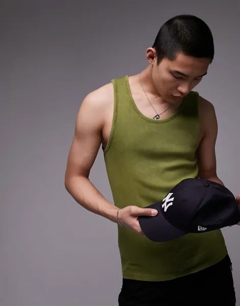 Topman - Зеленая майка в рубчик, стираная