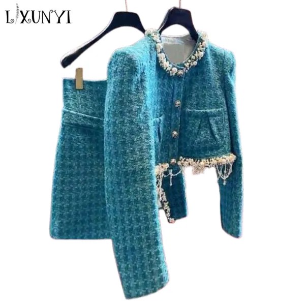 Женский комплект из двух предметов, шерстяной твидовый Блейзер и юбка с длинным рукавом, украшенные бисером, Осень-зима 2022