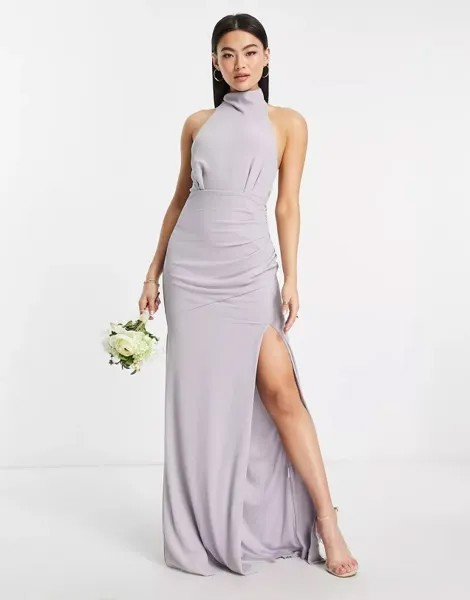 TFNC Серое шифоновое длинное платье для подружки невесты с воротником-воронкой и завязкой на спине