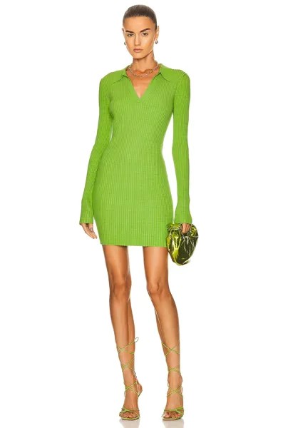 HELMUT LANG Зеленое мини-платье-поло в рубчик с длинными рукавами и воротником M = 8