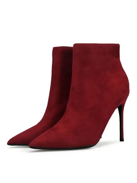 Milanoo Suede Ankle Boots Burgundy Pointed Toe Zip Up High Heel Booties For Women