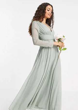 Оливковое платье макси с присборенной талией, длинными рукавами и плиссированной юбкой ASOS DESIGN Petite Bridesmaid-Зеленый цвет