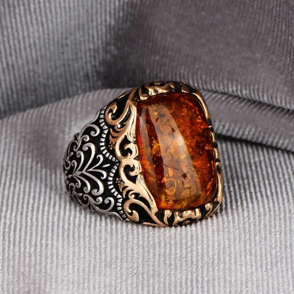 Мужское кольцо ручной работы, кольцо из янтарного камня, кольцо из Квадратного камня, кольцо из медового янтаря, кольцо в оттоманском стиле, кольцо из серебра 925 пробы