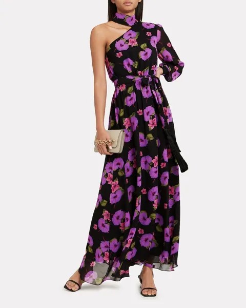 BORGO DE NOR Isabeau Черное фиолетовое платье макси с одним рукавом и цветочным принтом 6US 10UK