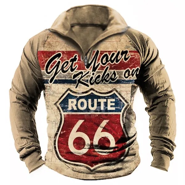 Мужская винтажная рубашка-поло с принтом Route 66 на молнии