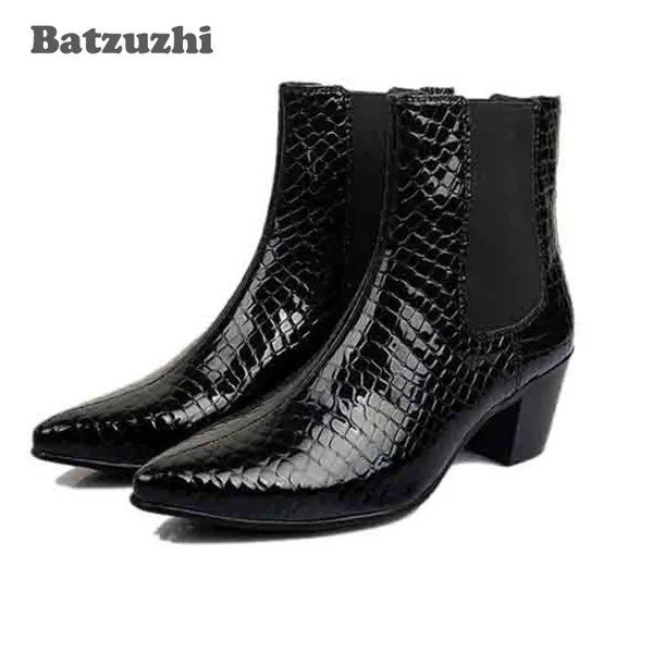 Ботинки Batzuzhi мужские кожаные, высокие короткие сапоги в британском стиле, черные деловые, на зиму, 7 см