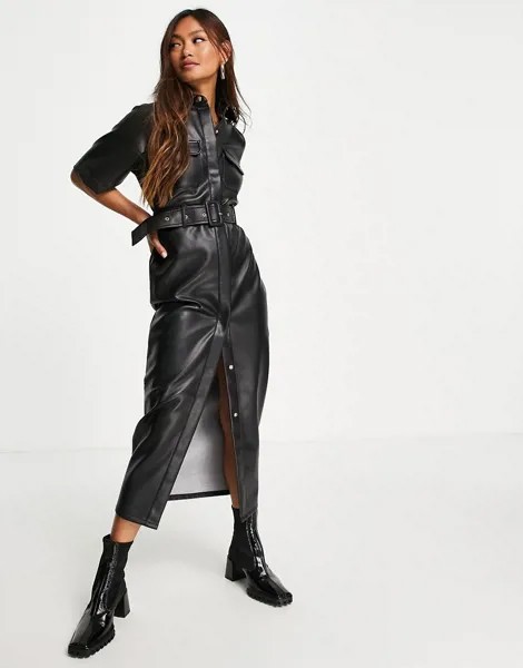 Черное платье-рубашка миди из искусственной кожи с ремнем ASOS DESIGN-Черный цвет