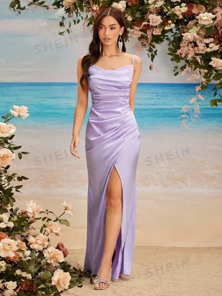 SHEIN Belle однотонное плиссированное платье подружки невесты с высоким разрезом и лямкой для женщин, сиреневый фиолетовый