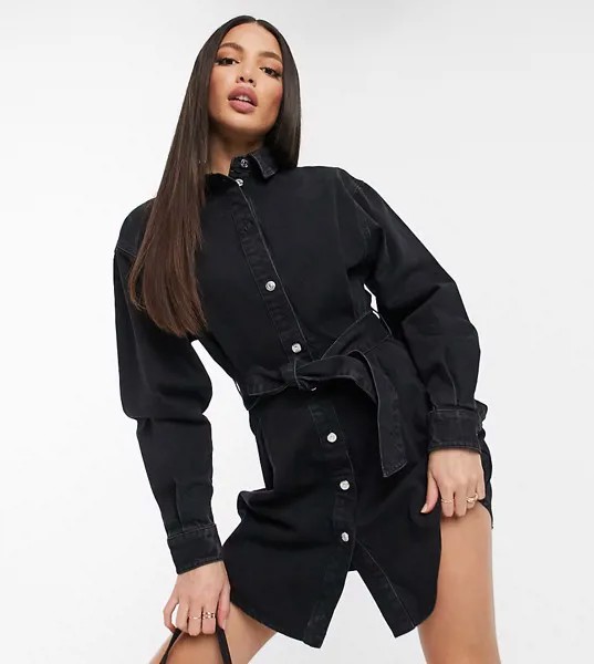 Джинсовое платье-рубашка выбеленного черного цвета в стиле oversized с поясом ASOS DESIGN Tall-Черный цвет