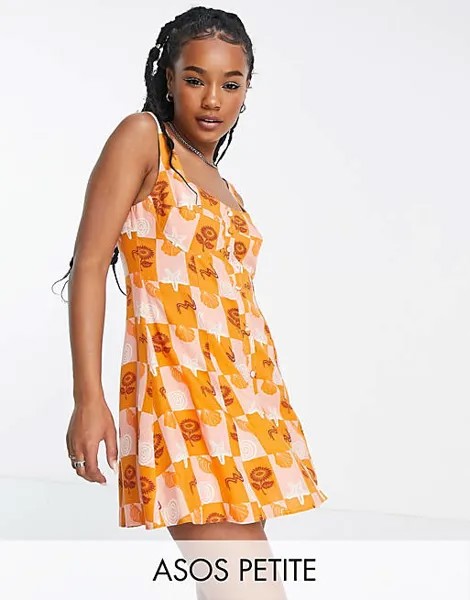 Мягкий мини-сарафан ASOS DESIGN Petite с отделкой бюста и принтом ракушки