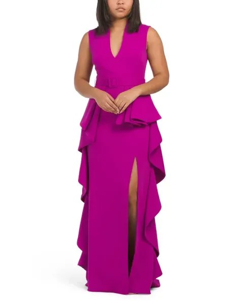 Платье с V-образным вырезом и рюшами и поясом Badgley Mischka, цвет Orchid