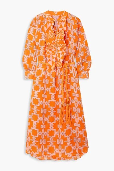 Льняное платье миди с поясом и оборками YVONNE S, оранжевый