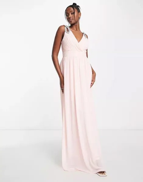 TFNC Длинное розовое шифоновое платье подружки невесты с запахом спереди и бисером на плечах