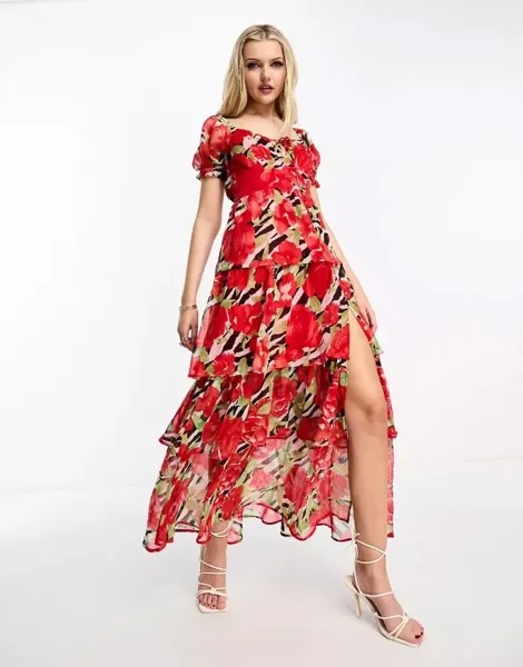Многоярусное шифоновое платье макси с зебровым цветочным принтом Miss Selfridge для особых случаев