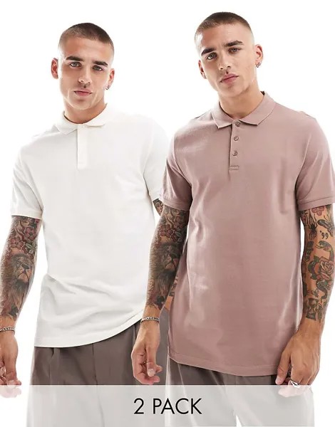 ASOS DESIGN – комплект из 2 рубашек-поло из пике кремового и коричневого цветов