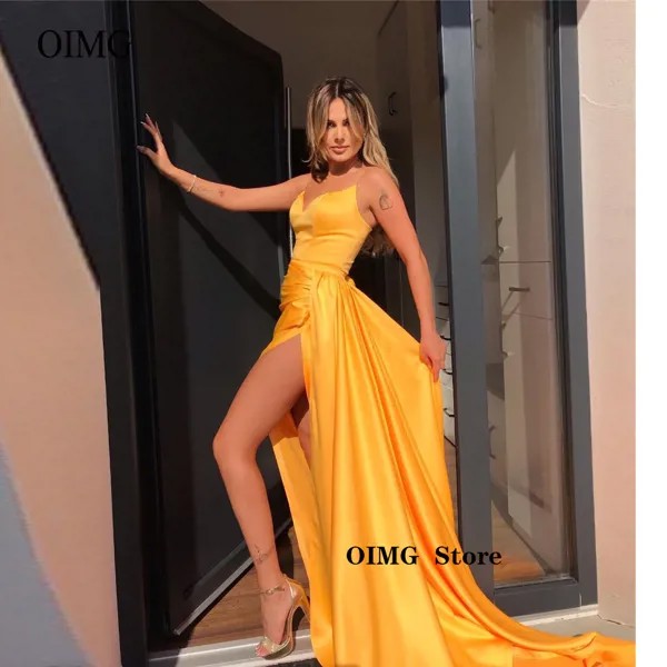 OIMG золотистые атласные пляжные длинные платья на тонких бретельках для выпускного вечера женское платье с высоким разрезом сексуальное ве...