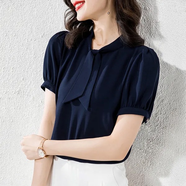 Женская шифоновая блузка, Корейская рубашка с коротким рукавом и шнуровкой, Новинка лета 2021