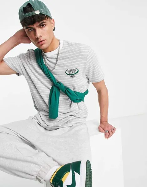 Свободная серая футболка в полоску из ткани с начесом и вышивкой ASOS DESIGN-Светло-бежевый цвет