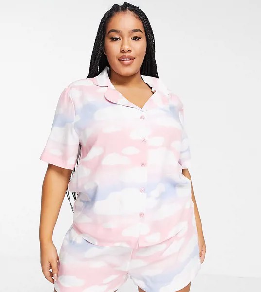 Пижама розового, голубого и белого цвета с рубашкой с короткими рукавами и шортами из модала с принтом облаков ASOS DESIGN Curve-Разноцветный