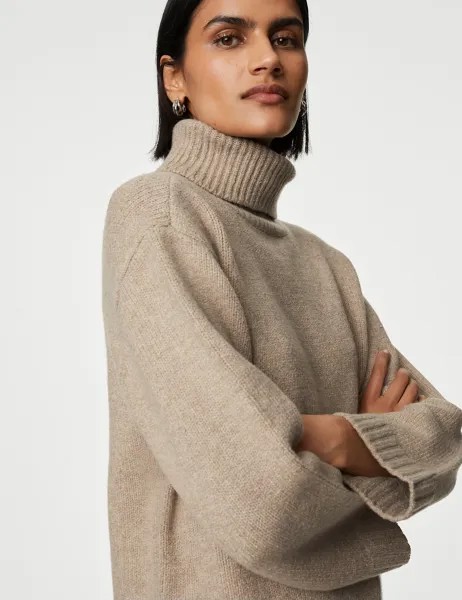 Длинный джемпер из переработанной смеси с воротником-стойкой Marks & Spencer, капучино