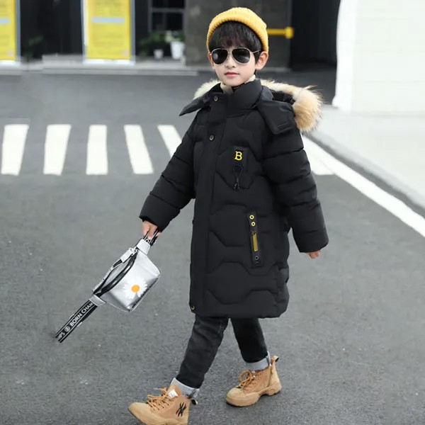Зимнее однотонное пальто с капюшоном для мальчиков 6-12 лет