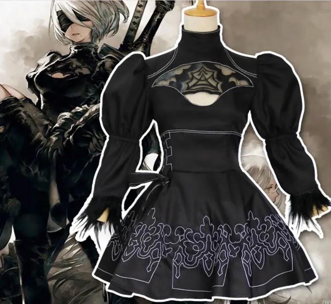 Костюм для косплея NieR:Automata 2B из игры, черное платье, платье, японский аниме герой, Лолита, платье, перчатки для девочек, комплект униформы на Х...