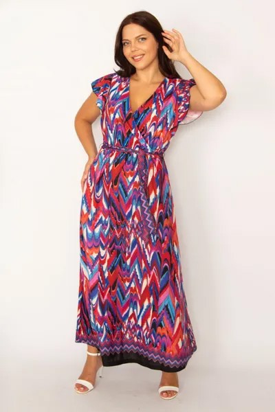 Женское красочное длинное платье большого размера с цветным воротником и запахом 65n34174 Şans, разноцветный